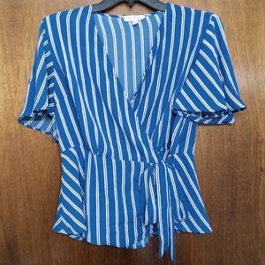 Blue Striped Wrap Top Size L